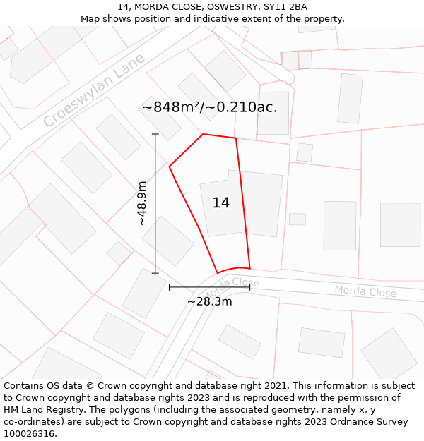 14, MORDA CLOSE, OSWESTRY, SY11 2BA: Plot and title map