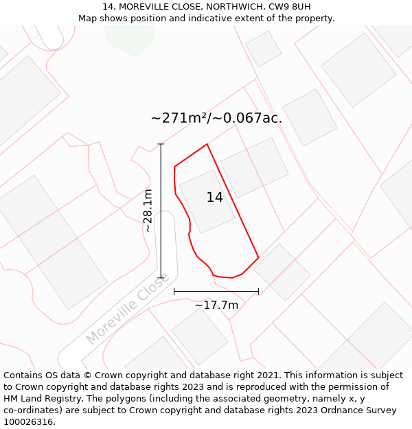 14, MOREVILLE CLOSE, NORTHWICH, CW9 8UH: Plot and title map