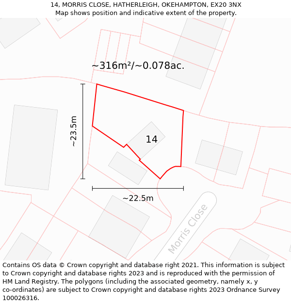 14, MORRIS CLOSE, HATHERLEIGH, OKEHAMPTON, EX20 3NX: Plot and title map