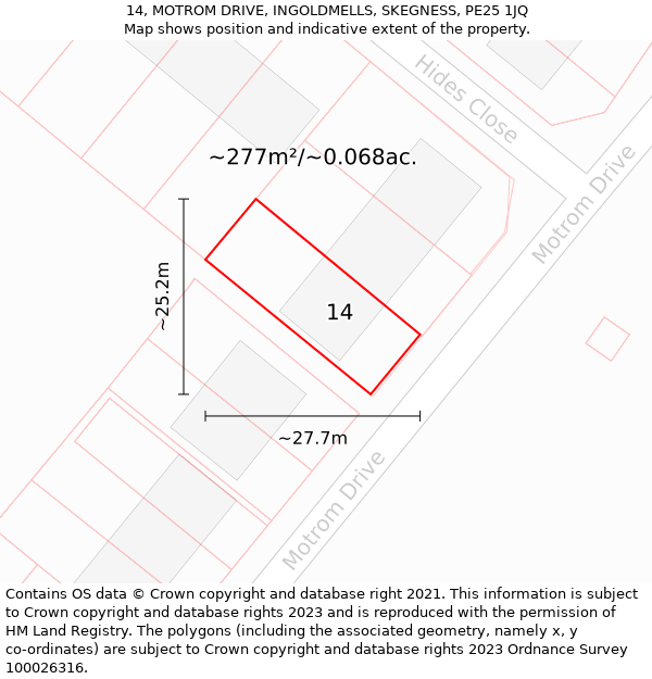 14, MOTROM DRIVE, INGOLDMELLS, SKEGNESS, PE25 1JQ: Plot and title map