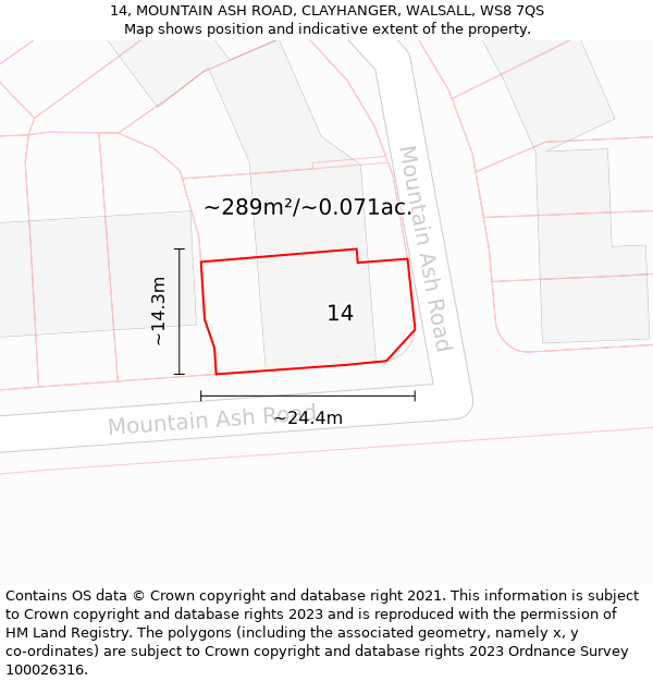 14, MOUNTAIN ASH ROAD, CLAYHANGER, WALSALL, WS8 7QS: Plot and title map