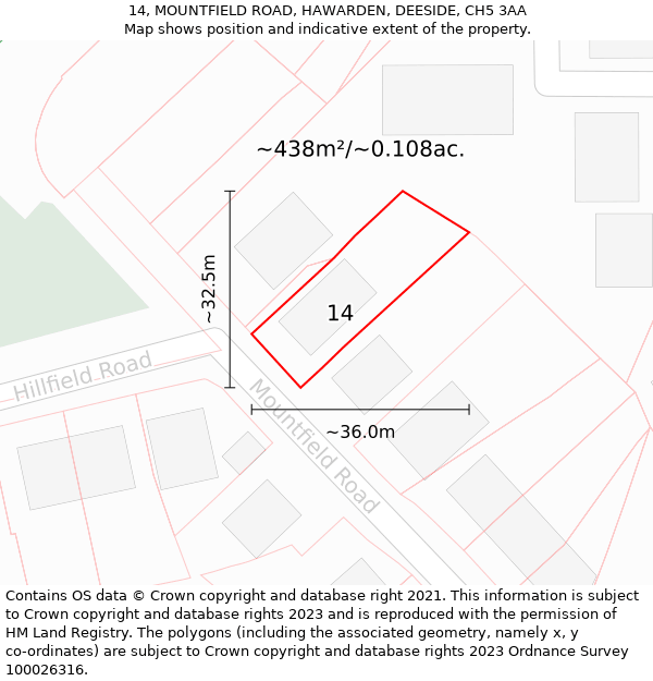 14, MOUNTFIELD ROAD, HAWARDEN, DEESIDE, CH5 3AA: Plot and title map