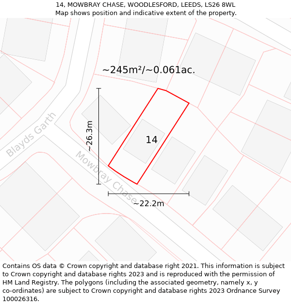 14, MOWBRAY CHASE, WOODLESFORD, LEEDS, LS26 8WL: Plot and title map