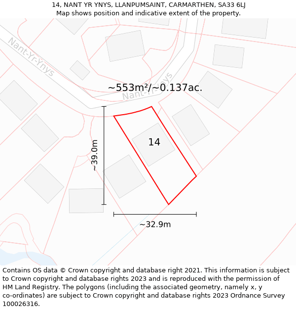 14, NANT YR YNYS, LLANPUMSAINT, CARMARTHEN, SA33 6LJ: Plot and title map