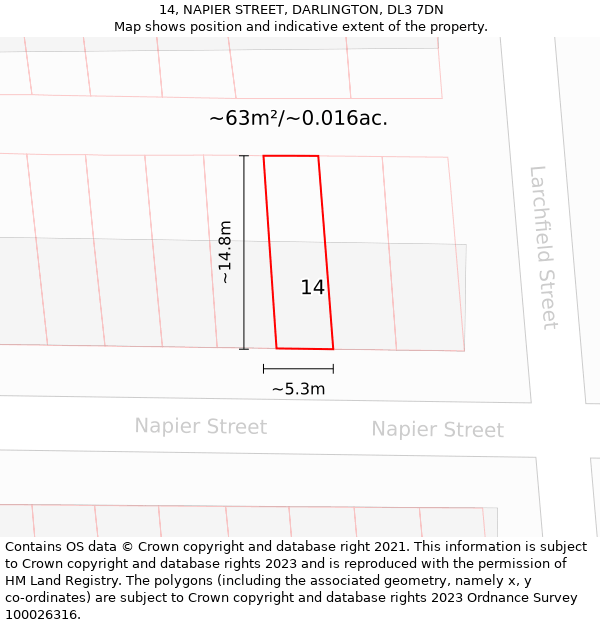 14, NAPIER STREET, DARLINGTON, DL3 7DN: Plot and title map