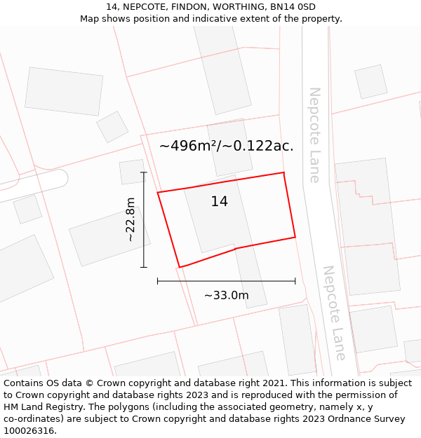 14, NEPCOTE, FINDON, WORTHING, BN14 0SD: Plot and title map