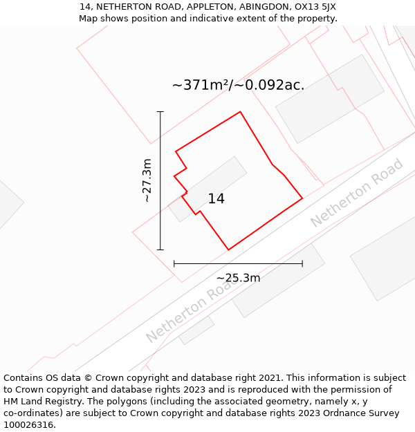 14, NETHERTON ROAD, APPLETON, ABINGDON, OX13 5JX: Plot and title map