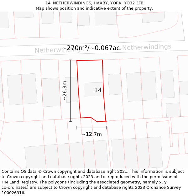14, NETHERWINDINGS, HAXBY, YORK, YO32 3FB: Plot and title map