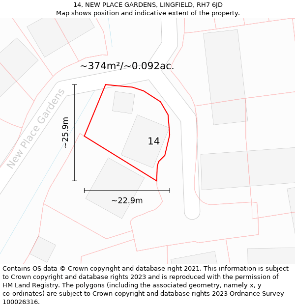 14, NEW PLACE GARDENS, LINGFIELD, RH7 6JD: Plot and title map