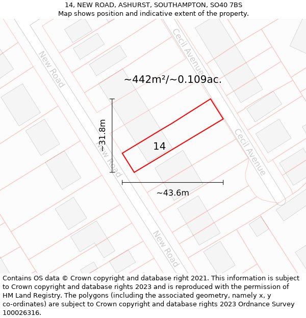 14, NEW ROAD, ASHURST, SOUTHAMPTON, SO40 7BS: Plot and title map