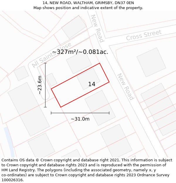 14, NEW ROAD, WALTHAM, GRIMSBY, DN37 0EN: Plot and title map