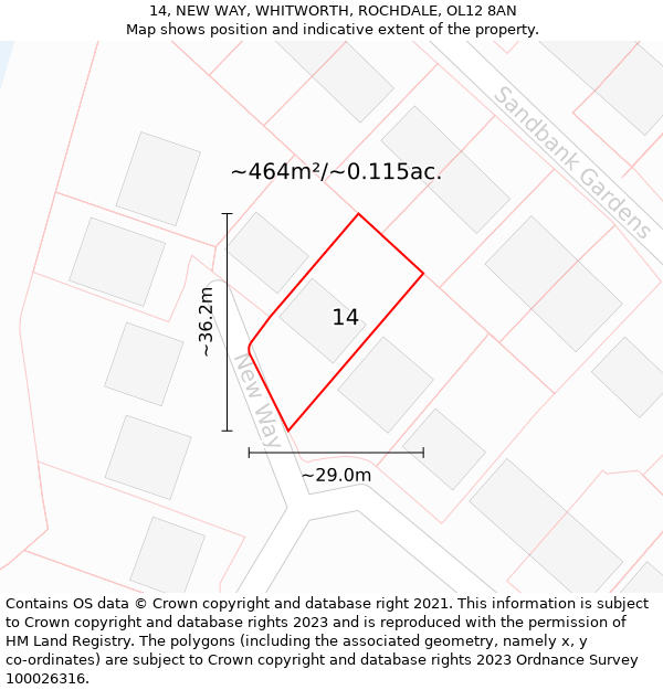 14, NEW WAY, WHITWORTH, ROCHDALE, OL12 8AN: Plot and title map