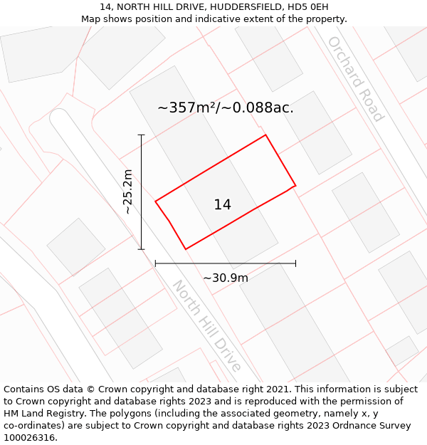 14, NORTH HILL DRIVE, HUDDERSFIELD, HD5 0EH: Plot and title map