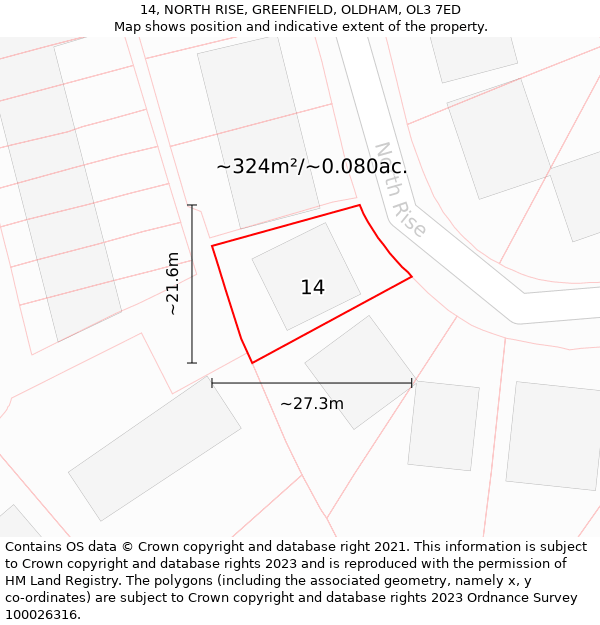 14, NORTH RISE, GREENFIELD, OLDHAM, OL3 7ED: Plot and title map