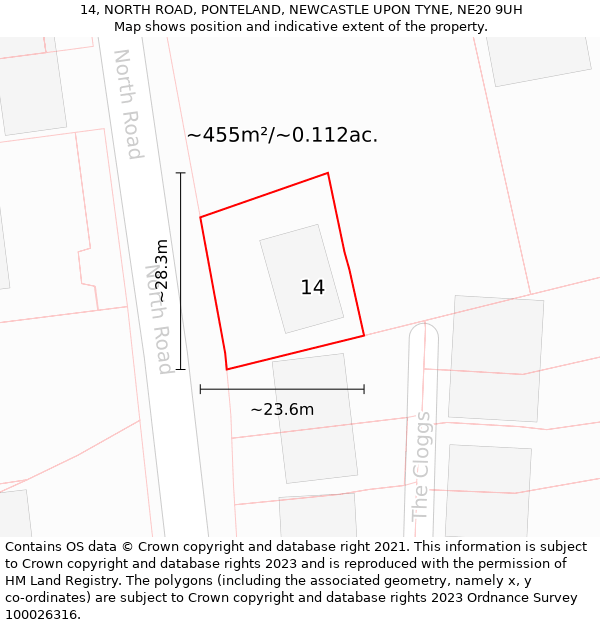 14, NORTH ROAD, PONTELAND, NEWCASTLE UPON TYNE, NE20 9UH: Plot and title map