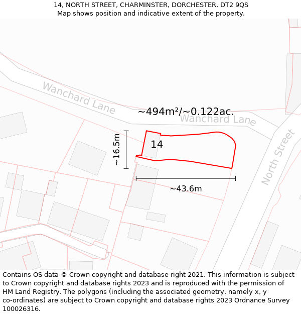 14, NORTH STREET, CHARMINSTER, DORCHESTER, DT2 9QS: Plot and title map