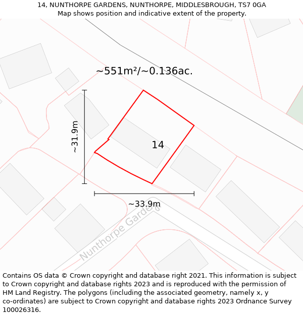 14, NUNTHORPE GARDENS, NUNTHORPE, MIDDLESBROUGH, TS7 0GA: Plot and title map