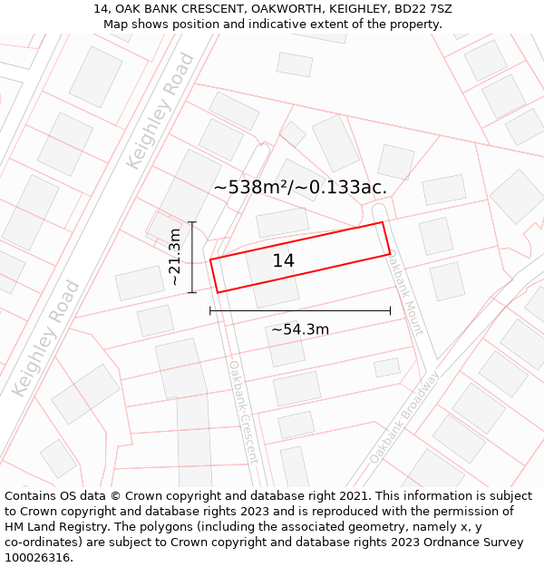 14, OAK BANK CRESCENT, OAKWORTH, KEIGHLEY, BD22 7SZ: Plot and title map