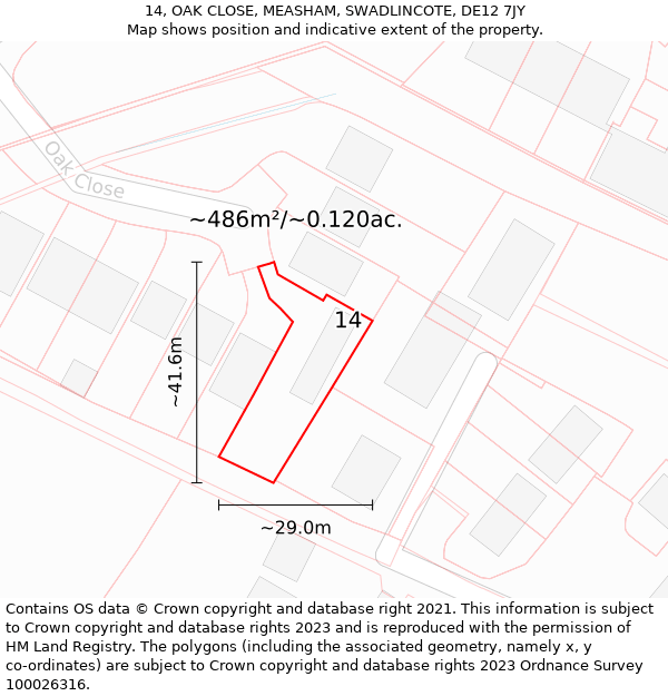 14, OAK CLOSE, MEASHAM, SWADLINCOTE, DE12 7JY: Plot and title map