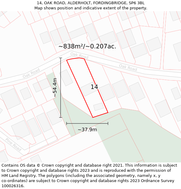 14, OAK ROAD, ALDERHOLT, FORDINGBRIDGE, SP6 3BL: Plot and title map