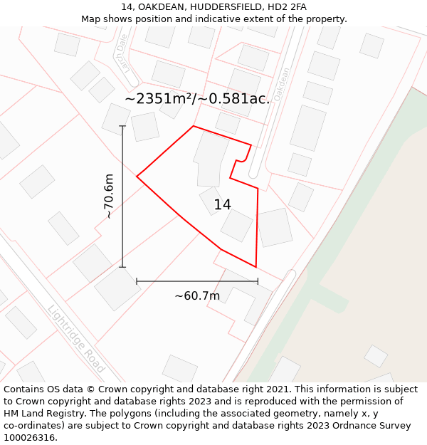 14, OAKDEAN, HUDDERSFIELD, HD2 2FA: Plot and title map