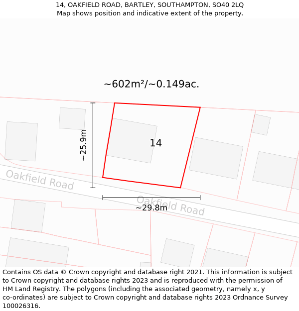 14, OAKFIELD ROAD, BARTLEY, SOUTHAMPTON, SO40 2LQ: Plot and title map