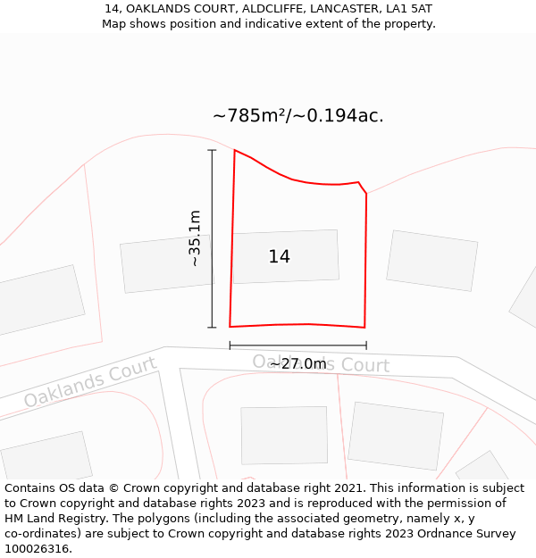 14, OAKLANDS COURT, ALDCLIFFE, LANCASTER, LA1 5AT: Plot and title map