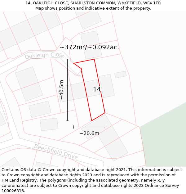 14, OAKLEIGH CLOSE, SHARLSTON COMMON, WAKEFIELD, WF4 1ER: Plot and title map