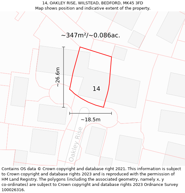 14, OAKLEY RISE, WILSTEAD, BEDFORD, MK45 3FD: Plot and title map
