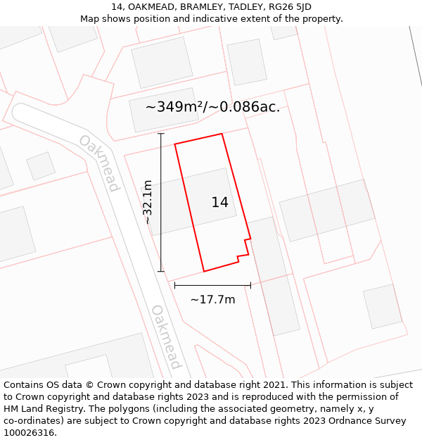 14, OAKMEAD, BRAMLEY, TADLEY, RG26 5JD: Plot and title map