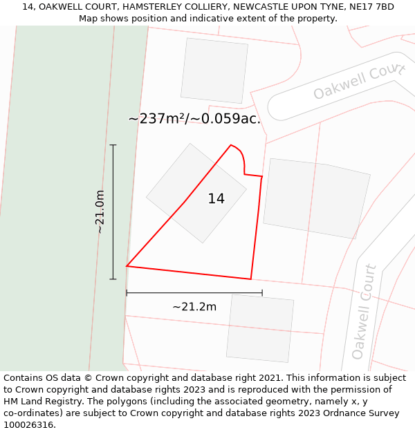 14, OAKWELL COURT, HAMSTERLEY COLLIERY, NEWCASTLE UPON TYNE, NE17 7BD: Plot and title map