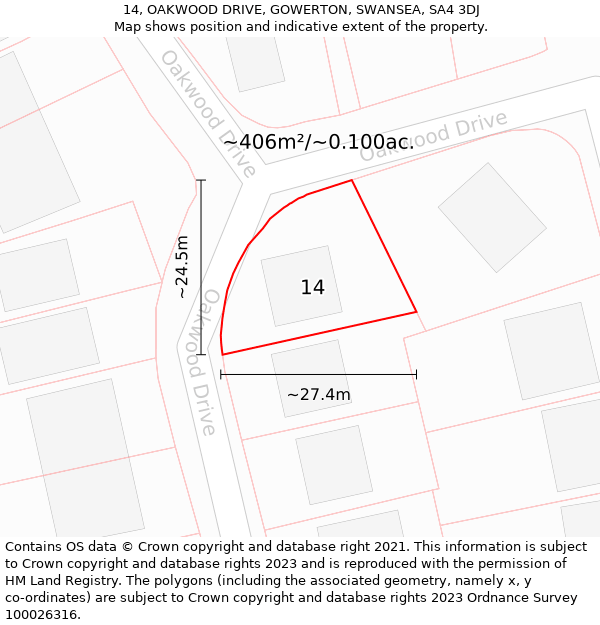 14, OAKWOOD DRIVE, GOWERTON, SWANSEA, SA4 3DJ: Plot and title map