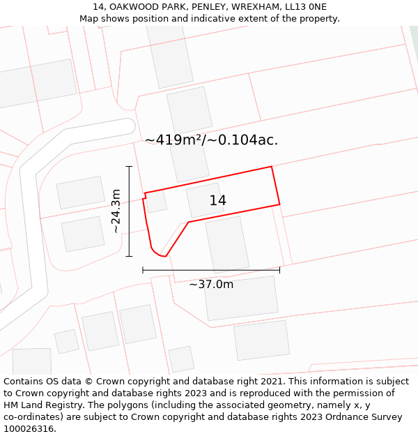 14, OAKWOOD PARK, PENLEY, WREXHAM, LL13 0NE: Plot and title map