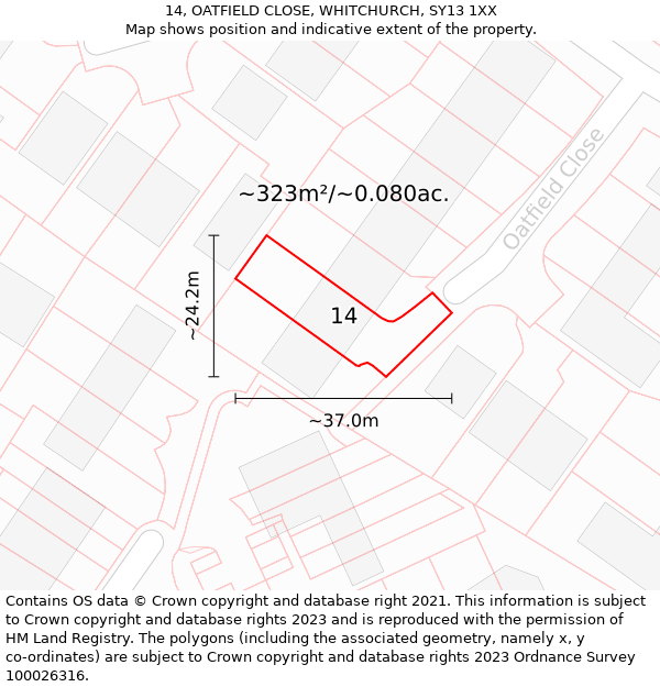 14, OATFIELD CLOSE, WHITCHURCH, SY13 1XX: Plot and title map