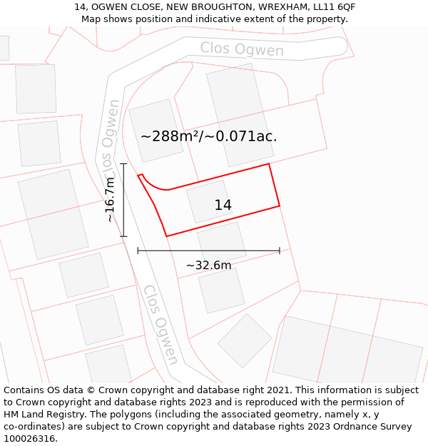 14, OGWEN CLOSE, NEW BROUGHTON, WREXHAM, LL11 6QF: Plot and title map