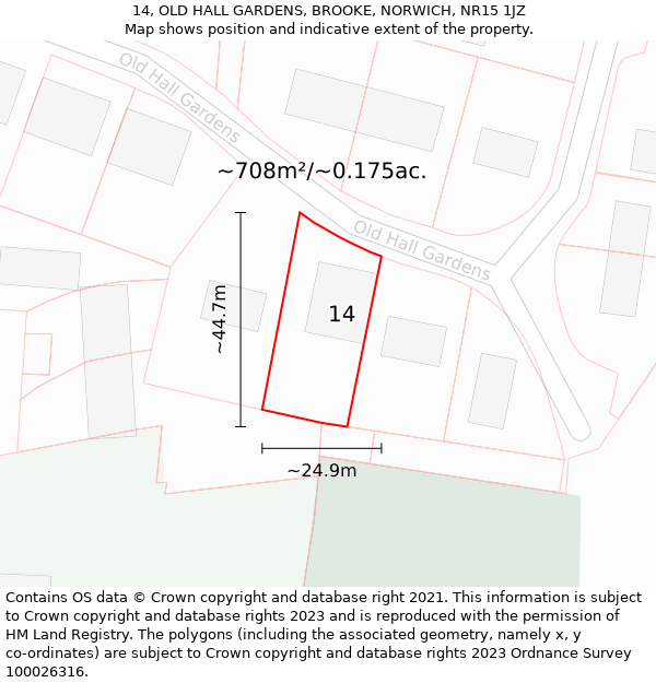 14, OLD HALL GARDENS, BROOKE, NORWICH, NR15 1JZ: Plot and title map