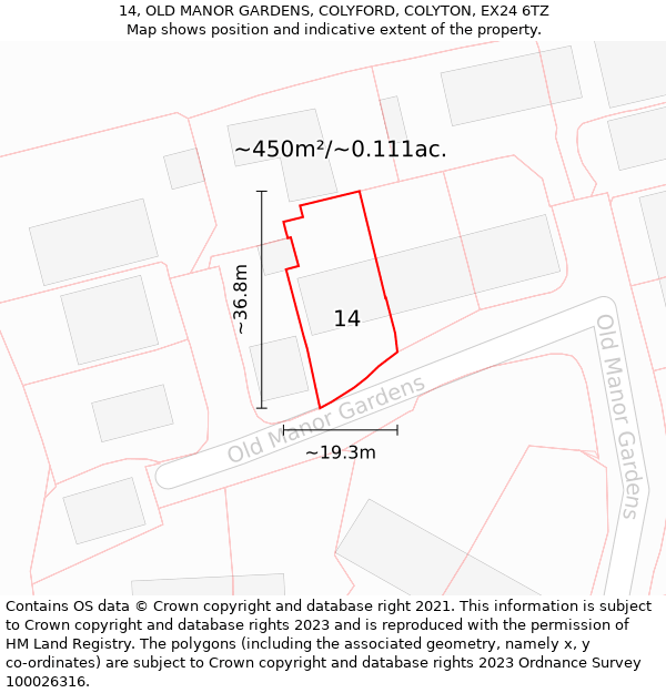 14, OLD MANOR GARDENS, COLYFORD, COLYTON, EX24 6TZ: Plot and title map