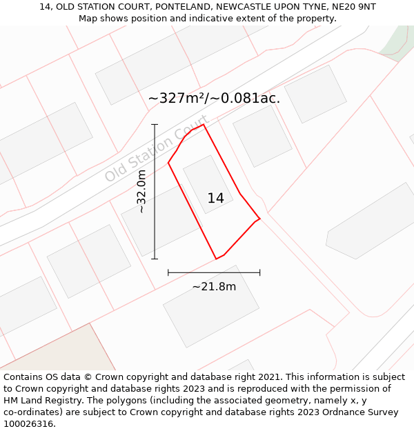 14, OLD STATION COURT, PONTELAND, NEWCASTLE UPON TYNE, NE20 9NT: Plot and title map