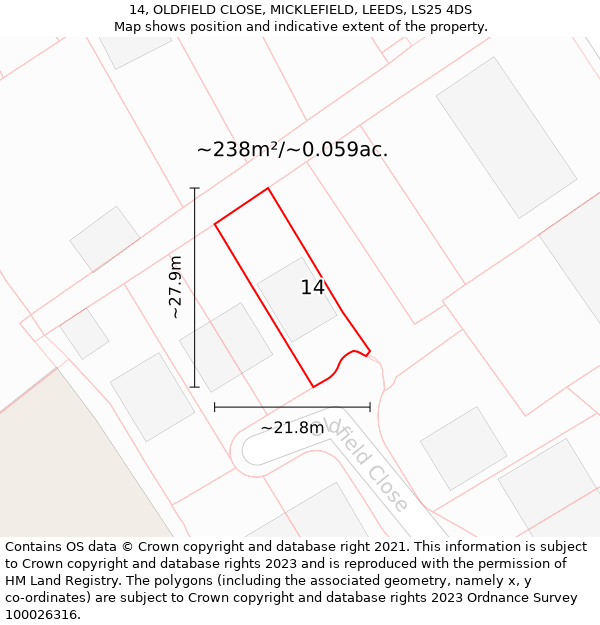 14, OLDFIELD CLOSE, MICKLEFIELD, LEEDS, LS25 4DS: Plot and title map