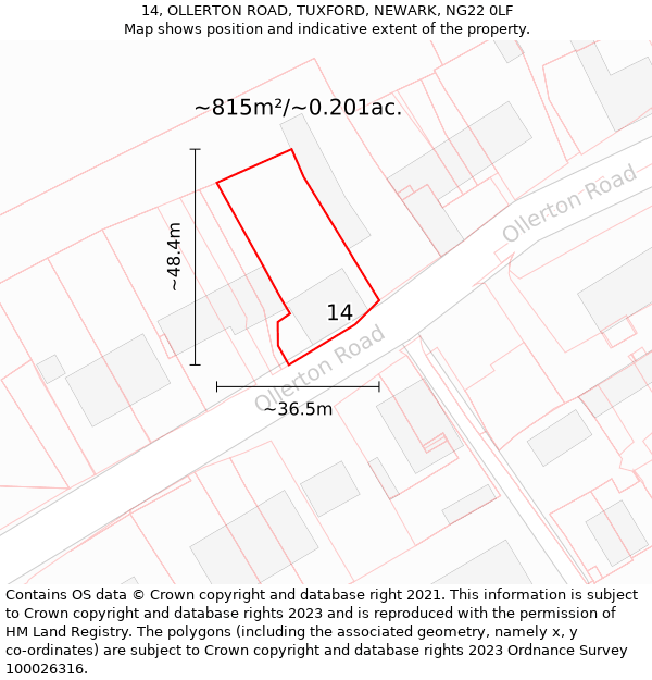 14, OLLERTON ROAD, TUXFORD, NEWARK, NG22 0LF: Plot and title map