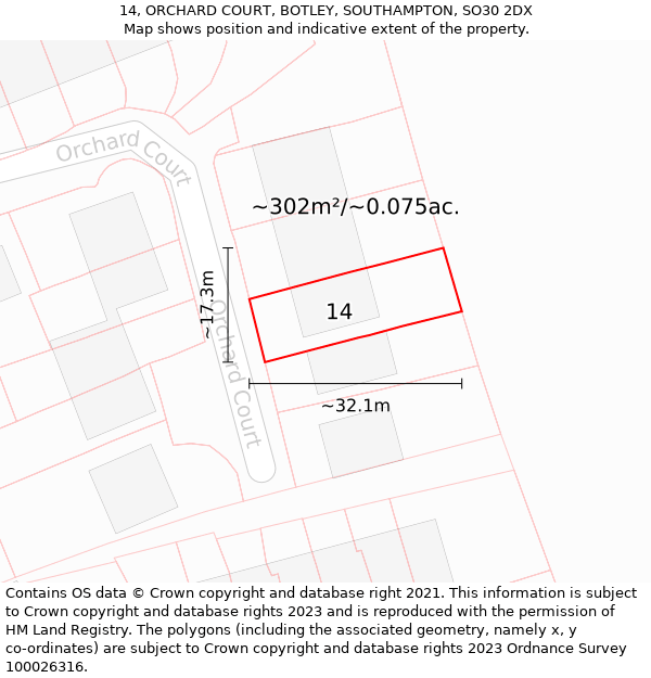 14, ORCHARD COURT, BOTLEY, SOUTHAMPTON, SO30 2DX: Plot and title map