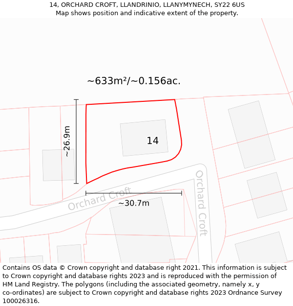 14, ORCHARD CROFT, LLANDRINIO, LLANYMYNECH, SY22 6US: Plot and title map