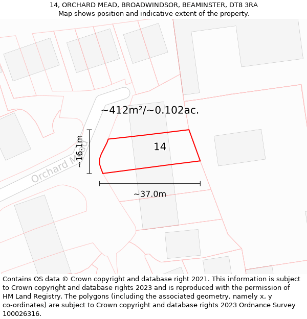 14, ORCHARD MEAD, BROADWINDSOR, BEAMINSTER, DT8 3RA: Plot and title map