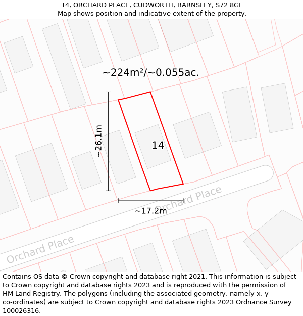 14, ORCHARD PLACE, CUDWORTH, BARNSLEY, S72 8GE: Plot and title map