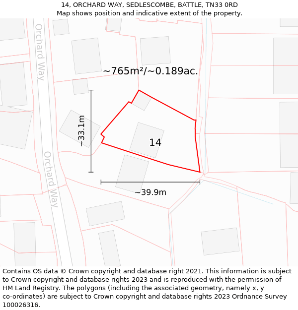 14, ORCHARD WAY, SEDLESCOMBE, BATTLE, TN33 0RD: Plot and title map