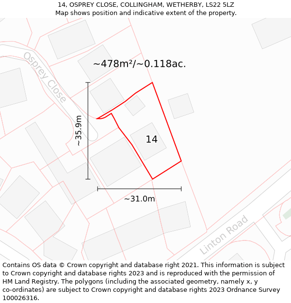 14, OSPREY CLOSE, COLLINGHAM, WETHERBY, LS22 5LZ: Plot and title map