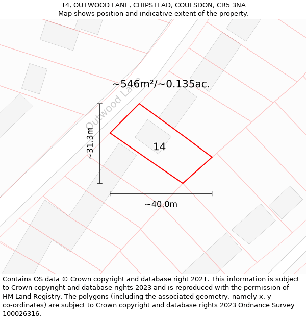 14, OUTWOOD LANE, CHIPSTEAD, COULSDON, CR5 3NA: Plot and title map