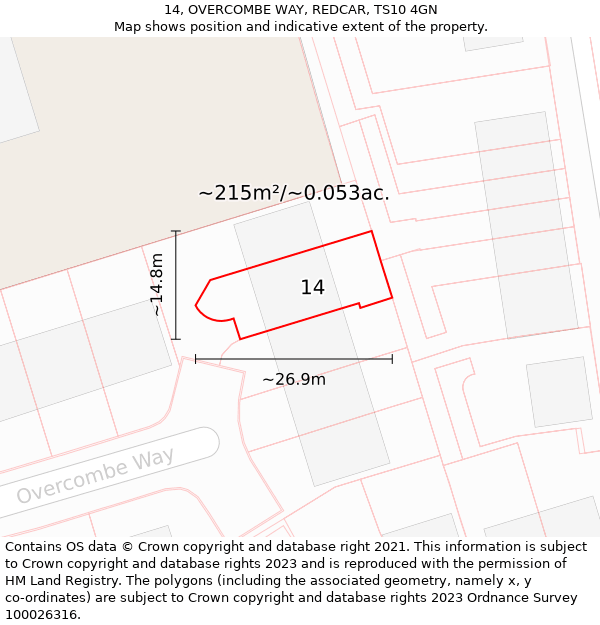 14, OVERCOMBE WAY, REDCAR, TS10 4GN: Plot and title map