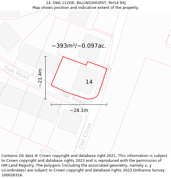 14, OWL CLOSE, BILLINGSHURST, RH14 9XJ: Plot and title map