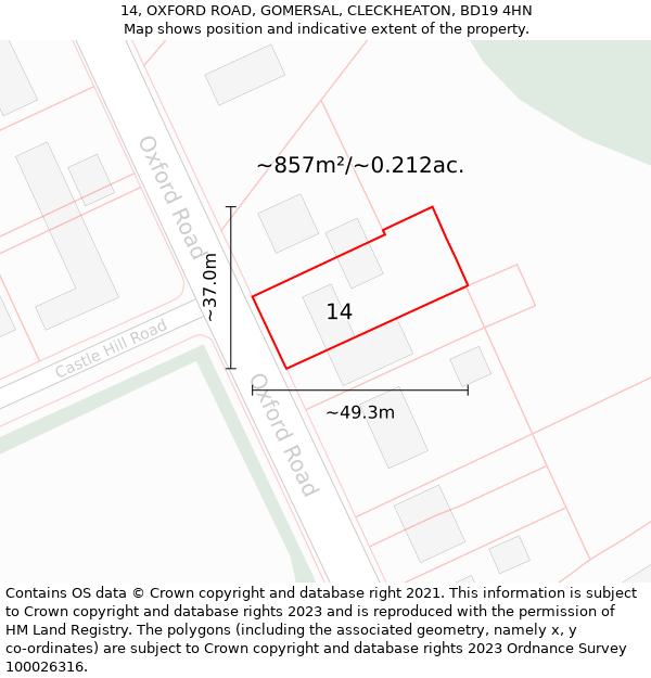 14, OXFORD ROAD, GOMERSAL, CLECKHEATON, BD19 4HN: Plot and title map